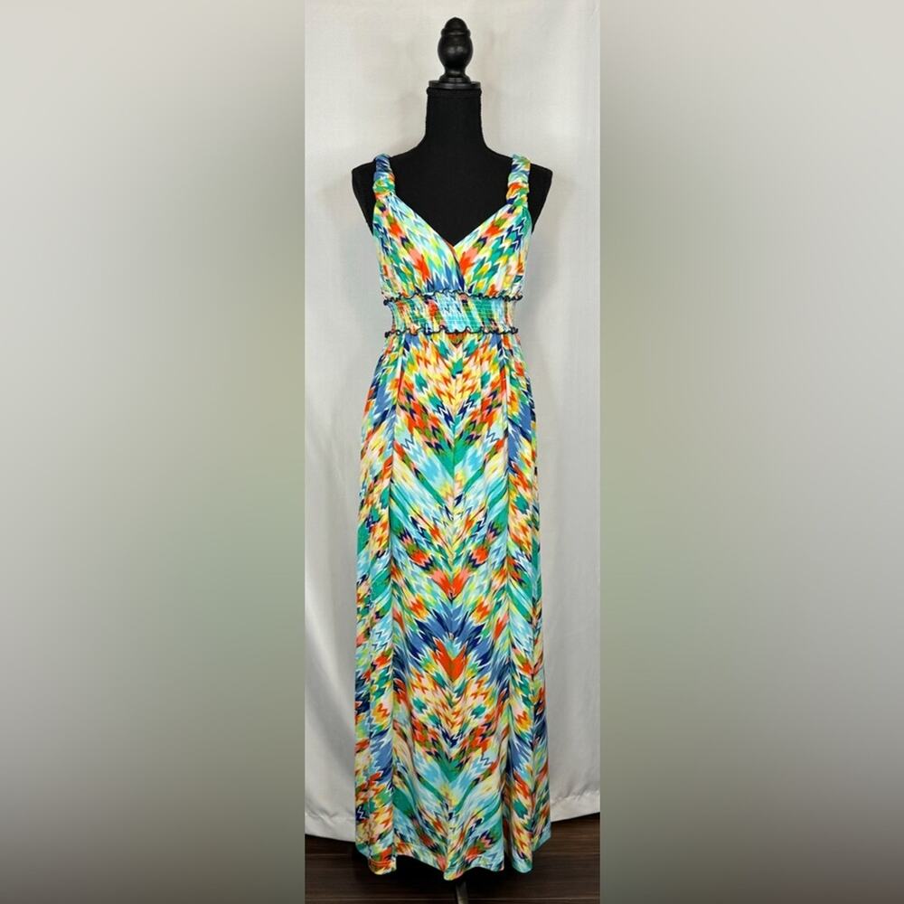 ECI Sleeveless Pullover Multi Color Maxi Dress Size 4 Artsy Beach Resort Cruise